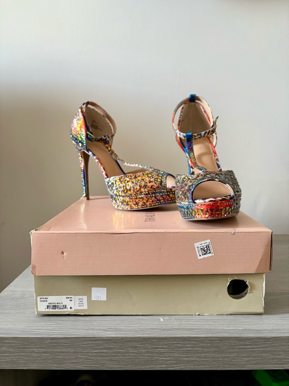 Thalia Sodi Multicolor Glitter Platform Ankle Strap Heels
